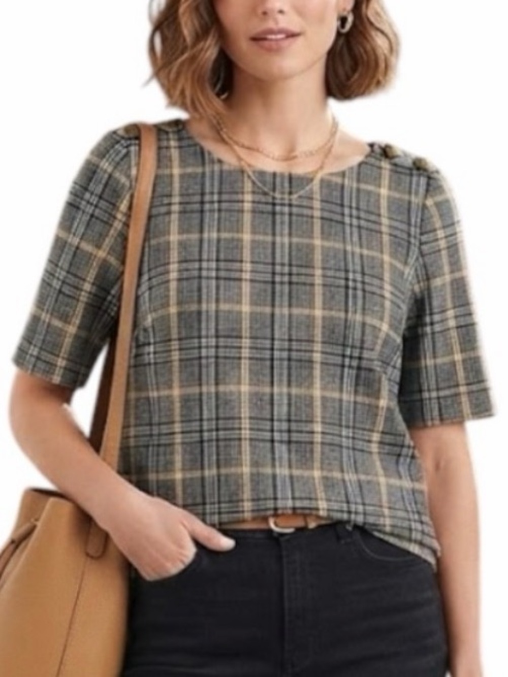 RW&CO Plaid Epaulet Detail Blouse Top Extra Small XS